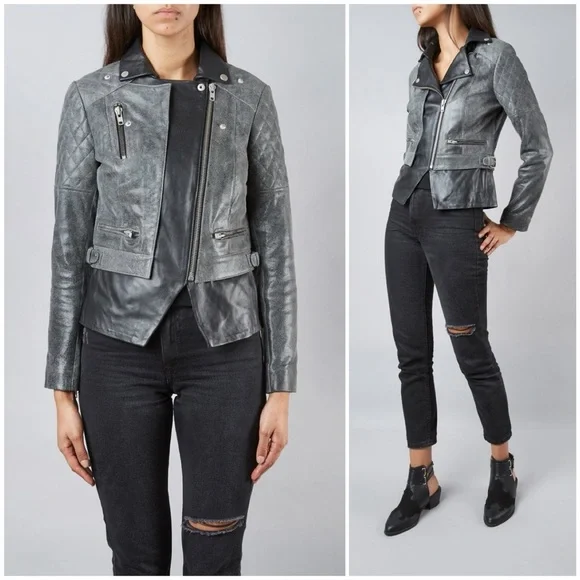 Muubaa Crackle Black Lamb Leather Biker Motorcycle Jacket Quilted Zip Up 6 - Picture 2 of 16